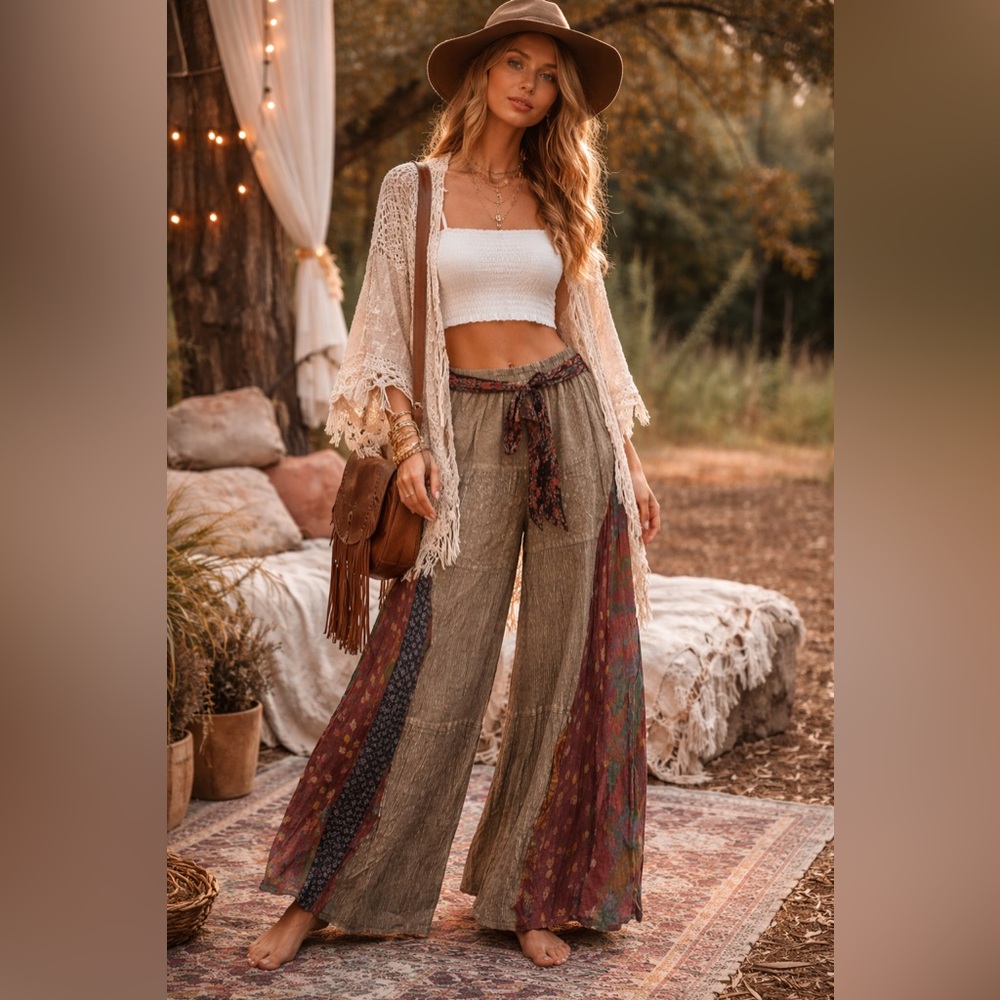 Young Threads Boho Patchwork Wide-Leg Pants Festi… - image 1
